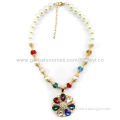 Colorful rhinestone pendant necklace with imitation pearl chain, new design, hot selling in stock